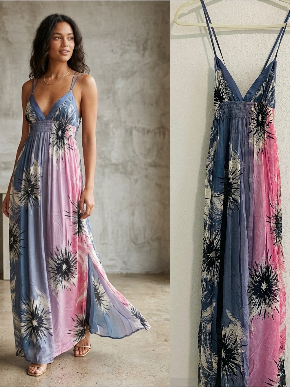 Bebe Maxi Dress Boho Summer Floral Pink & Gray